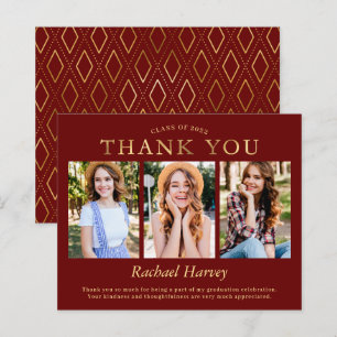 Budget Dark Red Gold 3 Photo Graduation Thank You