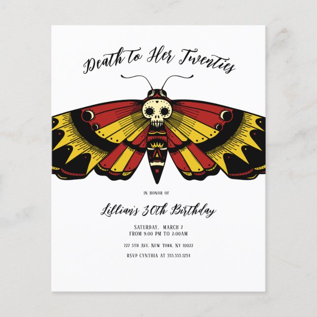 Budget Death to 20s Birthday Moth and Skull Design (Front)