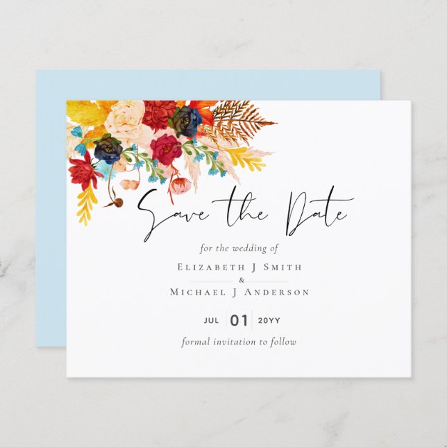 Budget Deep Red Blue Teal Cinnamon Save the Date (Front/Back)