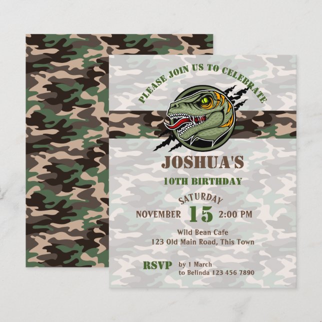 Budget Dinosaur birthday raptor camouflage invite (Front/Back)