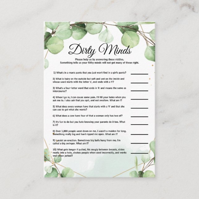 Budget Dirty Minds Bridal Shower Game Cards (Front)