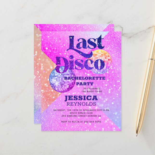 Budget disco bachelorette party invitation (Front/Back In Situ)