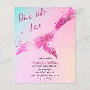 Budget Dive into Five Mermaid 5th Birthday Invite