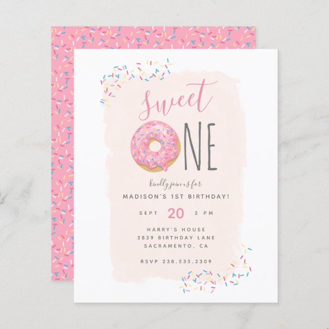 Budget Doughnut Sprinkle Blush Sweet 1st Birthday (Front/Back)