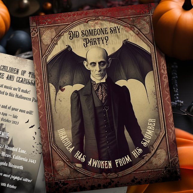 Budget Dracula Halloween Invitation Postcard (Budget Dracula Adult Halloween Party Postcard Invitation. Vintage Victorian Charm.)
