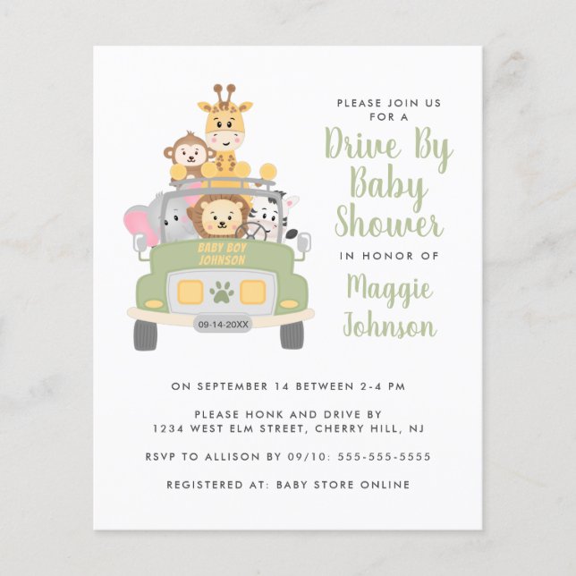 Budget Drive By Animal Safari Baby Shower (Front)