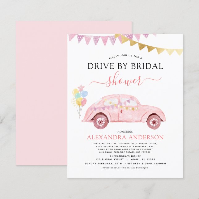 Budget Drive By Bridal Shower Blush Pink Gold Foil (Front/Back)