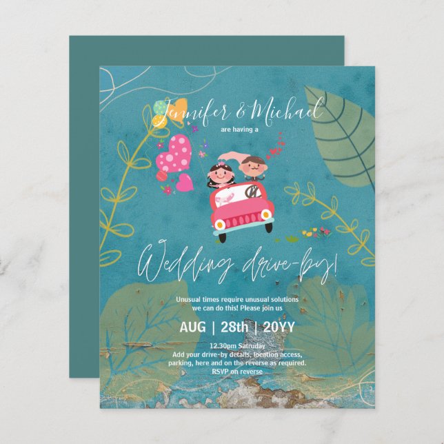 Budget Drive-BY Wedding Invites -Cartoon Couple (Front/Back)