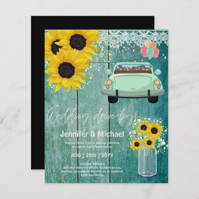 Budget Drive-BY Wedding Invites -Cartoon Couple (Front/Back)