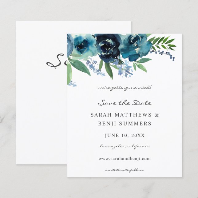 Budget Dusty Blue 2 Floral Save the Date 2 (Front/Back)