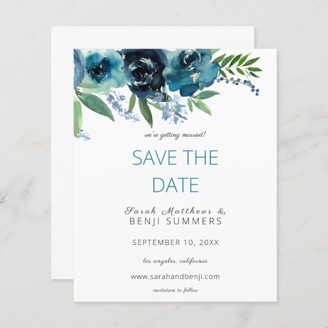 Budget Dusty Blue 2 Floral Save the Date V3 (Front/Back)