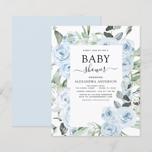 Budget Dusty Blue Baby Shower Floral Greenery (Front/Back)