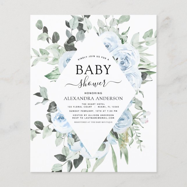 Budget Dusty Blue Baby Shower Floral Greenery Flyer (Front)