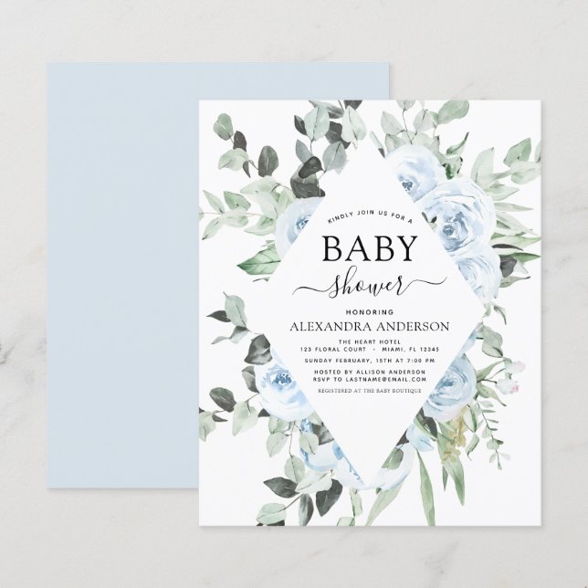 Budget Dusty Blue Baby Shower Floral Invitation (Front/Back)