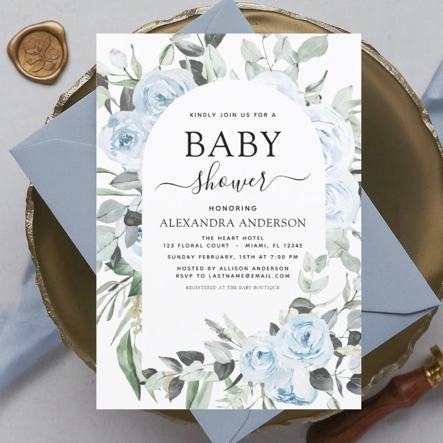 Budget Dusty Blue Baby Shower Floral Invitation (Creator Uploaded)