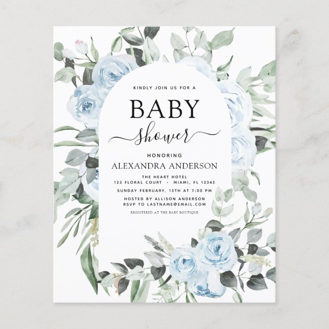 Budget Dusty Blue Baby Shower Floral Invitation Flyer (Front)
