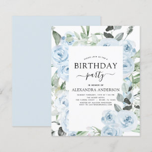 Budget Dusty Blue Birthday Party Floral Invitation