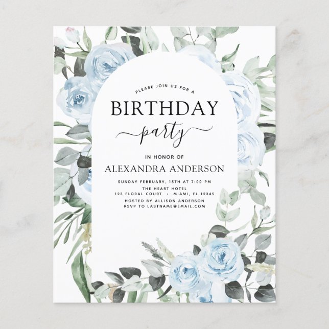 Budget Dusty Blue Birthday Party Floral Invitation Flyer (Front)