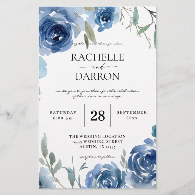 Budget Dusty Blue & Blue Floral Wedding Large Flyer (Front)