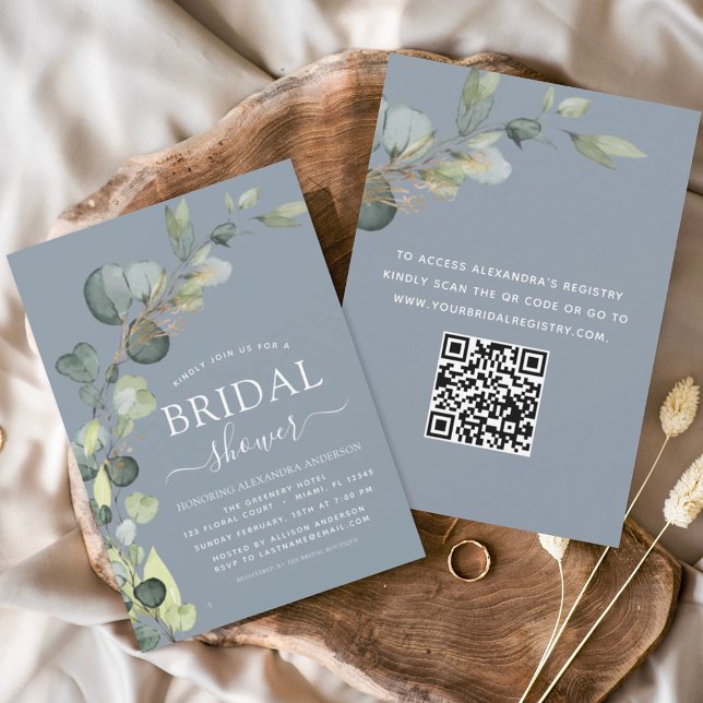 Budget Dusty Blue Bridal Shower QR Code Eucalyptus (Creator Uploaded)