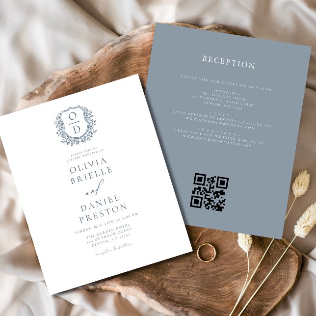 Budget Dusty Blue Crest Monogram Wedding QR Code (Creator Uploaded)