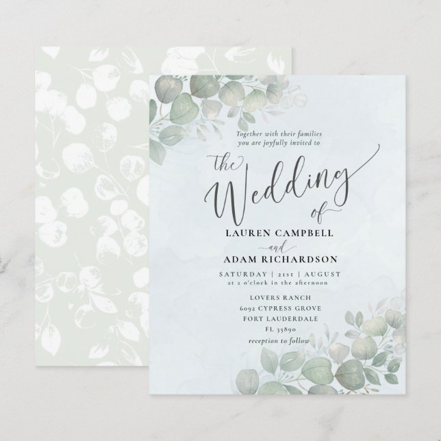 Budget Dusty Blue Eucalyptus Watercolor Wedding  (Front/Back)