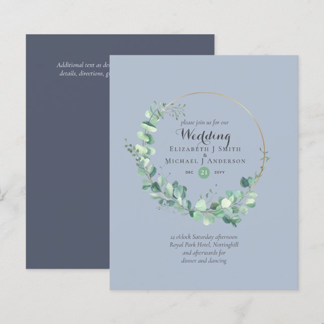 Budget Dusty Blue Eucalyptus Wedding Invites (Front/Back)