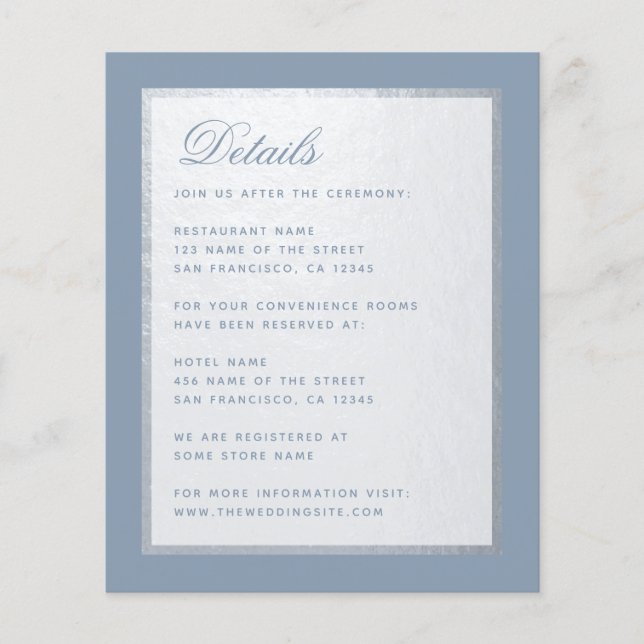 Budget Dusty Blue Faux Silver Wedding Details Card (Front)