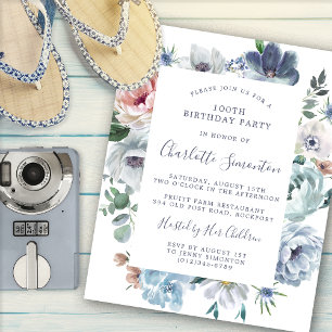 Budget Dusty Blue Floral 100th Birthday Invitation