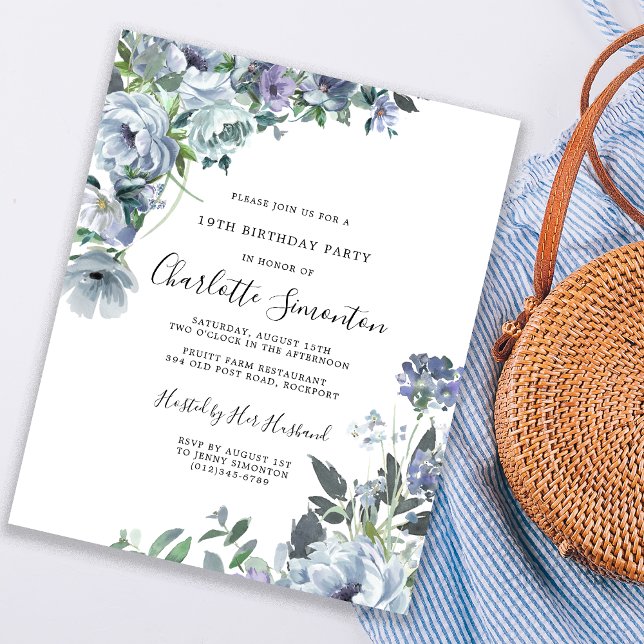Budget Dusty Blue Floral 19th Birthday Invitation (Creator Uploaded)