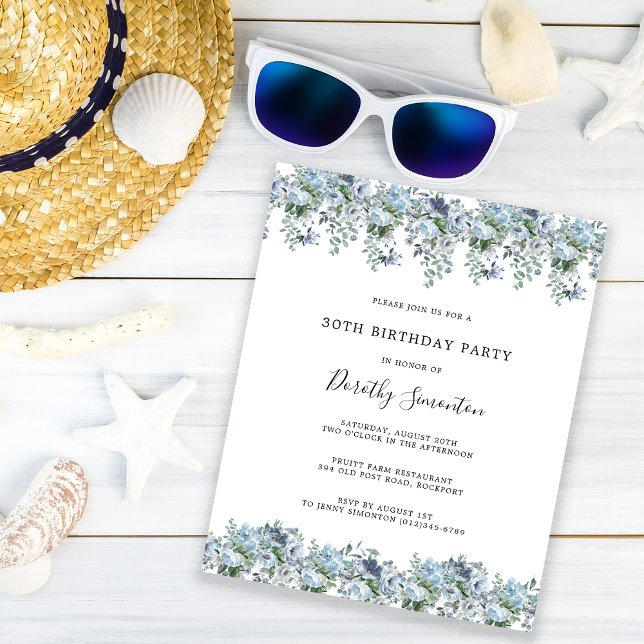 Budget Dusty Blue Floral 30th Birthday Invitation (Creator Uploaded)