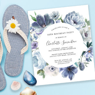 Budget Dusty Blue Floral 50th Birthday Invitation