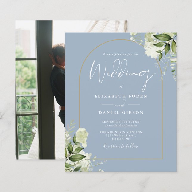 Budget Dusty Blue Floral Arch Photo Wedding Invite (Front/Back)