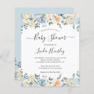 Budget Dusty Blue Floral Baby Shower Invitation