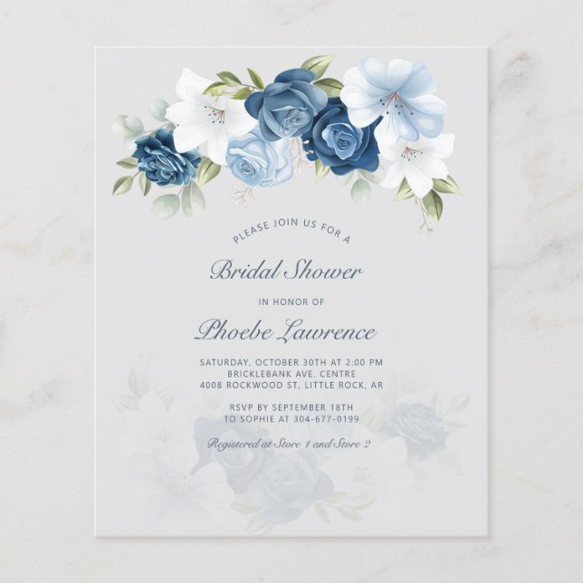 Budget Dusty Blue Floral Bridal Shower Invitation (Front)