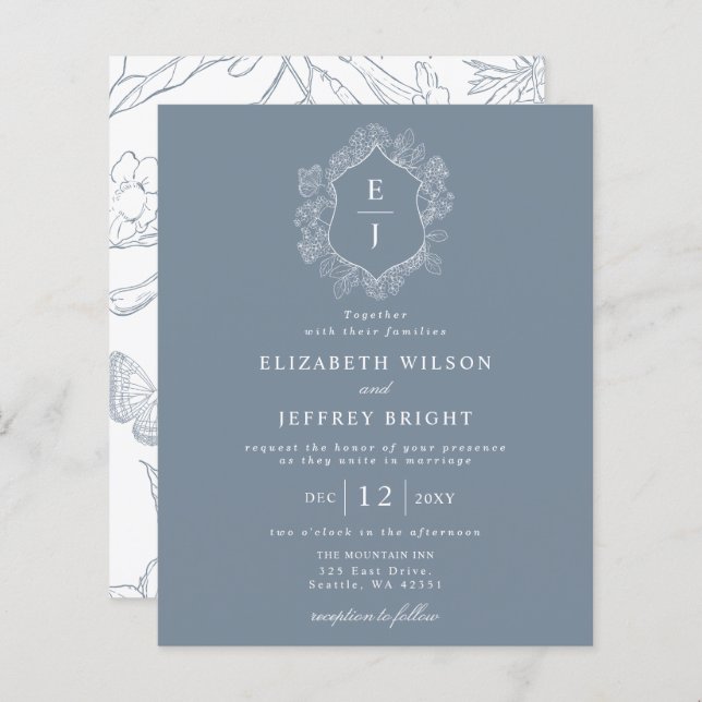 Budget Dusty Blue Floral Crest Monogram Invitation (Front/Back)