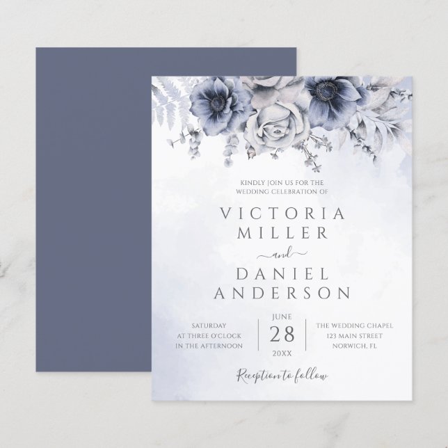 Budget Dusty Blue Floral Elegant Wedding Invite (Front/Back)