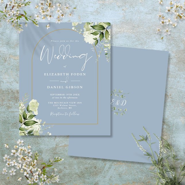 Budget Dusty Blue Floral Gold Arch Wedding Invite (Budget Dusty Blue Floral Gold Arch Wedding Invite)