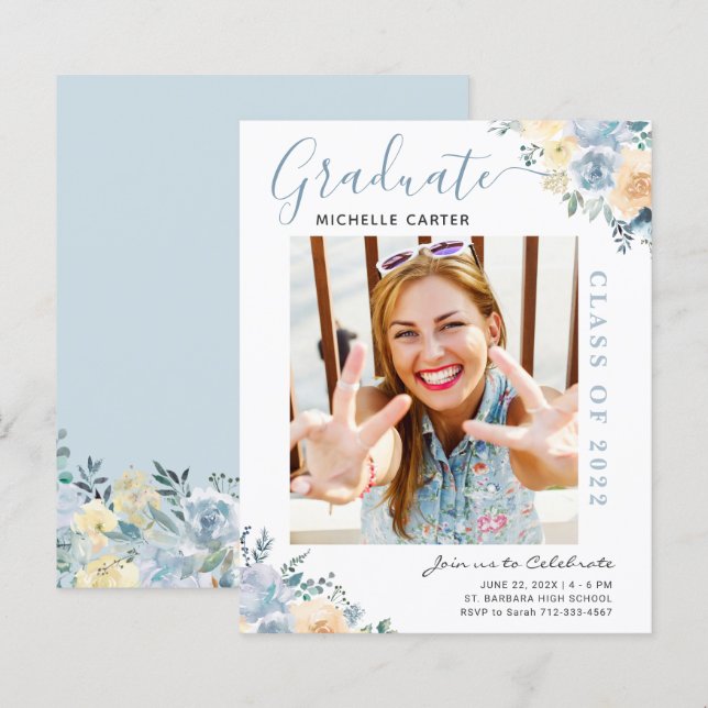 Budget Dusty Blue Floral Graduation Announcement (Front/Back)
