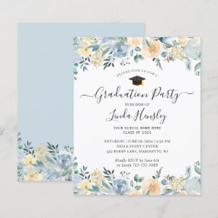Budget Dusty Blue Floral Graduation Party Invite