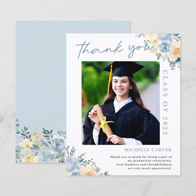 Budget Dusty Blue Floral Graduation Thank You (Front/Back)