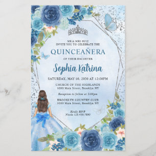 Budget Dusty Blue Floral Grey Princess Quinceañera