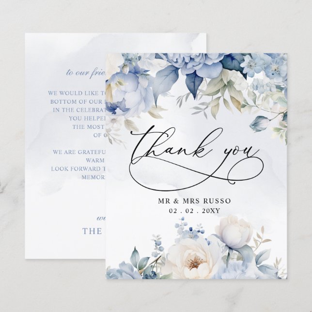 Budget Dusty Blue Floral Mariage Carte de remercie (Devant / Derrière)