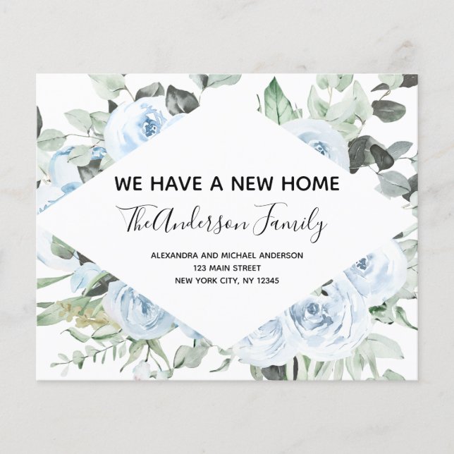 Budget Dusty Blue Floral Moving Announcement Flyer (Front)
