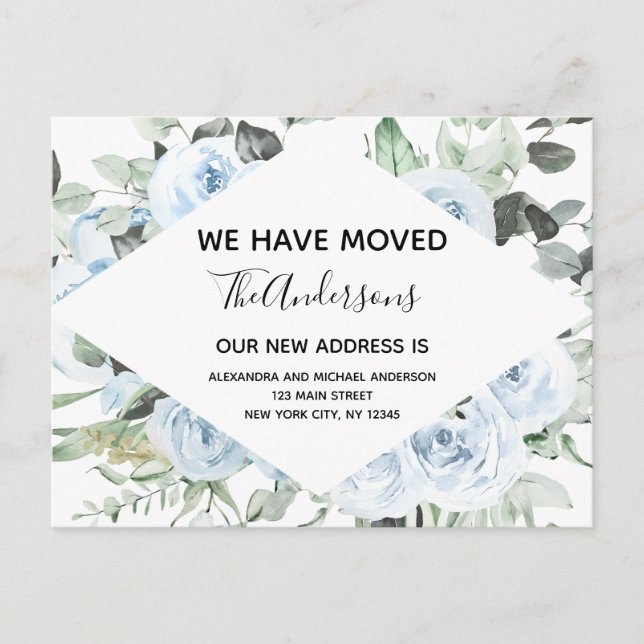 Budget Dusty Blue Floral Moving Announcement Postcard (Front)