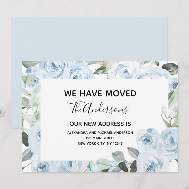 Budget Dusty Blue Floral Moving Faire-part (Devant / Derrière)