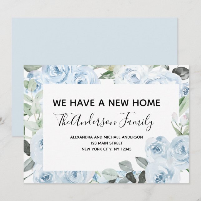 Budget Dusty Blue Floral Moving Faire-part (Devant / Derrière)
