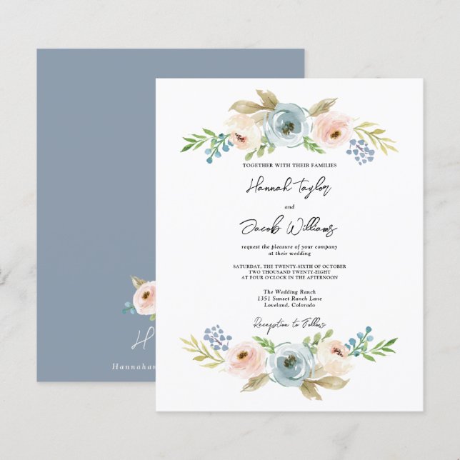 Budget Dusty Blue Floral Rustic Wedding Invite (Front/Back)