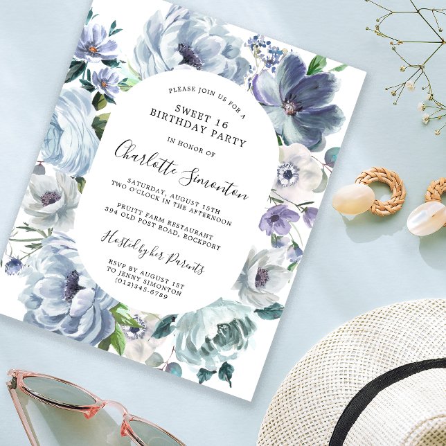 Budget Dusty Blue Floral Sweet 16 Invitation (Creator Uploaded)