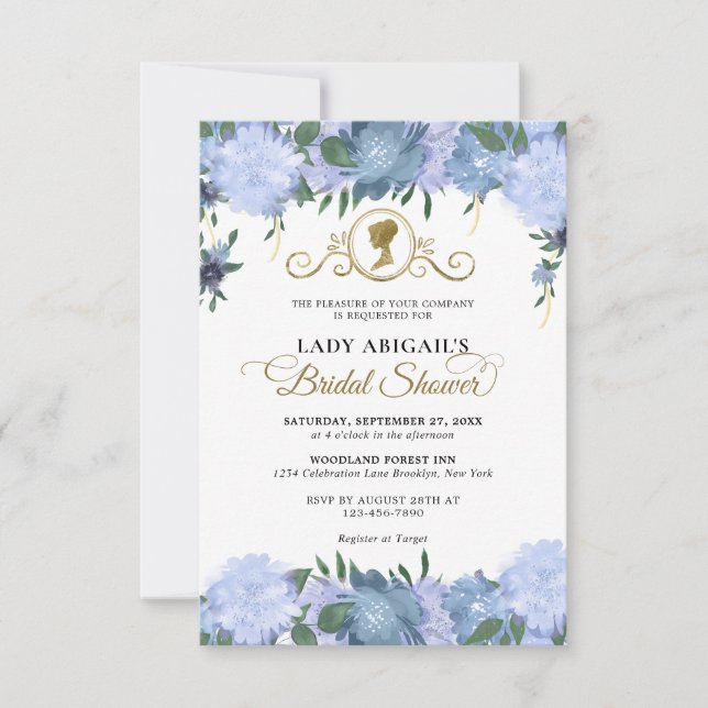 BUDGET Dusty Blue Floral Victorian Bridal Shower Card (Front)
